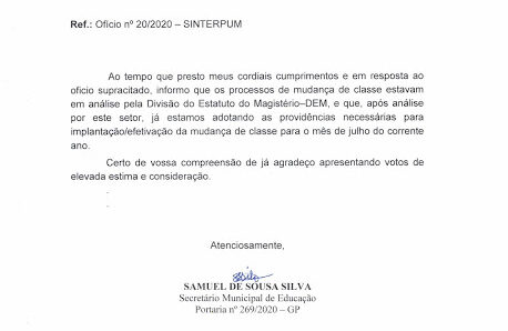 PREFEITURA RESPONDE OFÍCIO DO SINDICATO E PROGRAMA PARA JULHO A MUDANÇA DE CLASSE