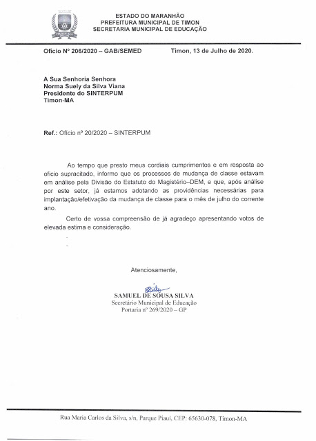 PREFEITURA RESPONDE OFÍCIO DO SINDICATO E PROGRAMA PARA JULHO A MUDANÇA DE CLASSE