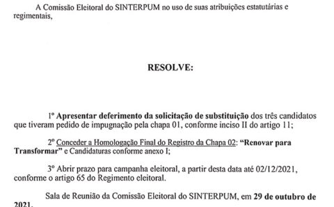 CHAPA 2 É HOMOLOGADA APÓS SUBSTITUIÇÕES DE MEMBROS