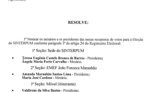 COMISSÃO ELEITORAL NOMEIA OS PRESIDENTES DAS MESAS RECEPTORAS DE VOTOS